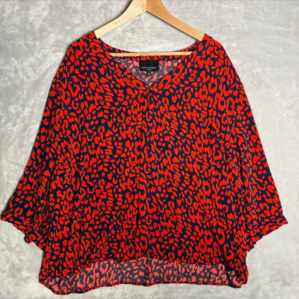 Cynthia Rowley Woman Red Navy Blue Leopard Print V-Neck Blouse 3X